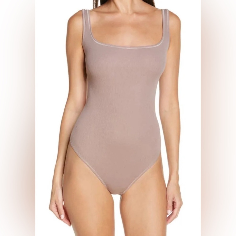 NWT Skims Cotton Ribbed Bodysuit in Umber Taupe Square neck sz XXS